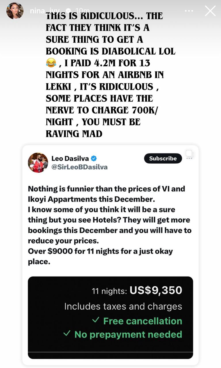 â700k per night? You must be m@dâ â BBNâs Leo DaSilva and Nina blow hot over outrageous December short-let apartment prices in Lagos